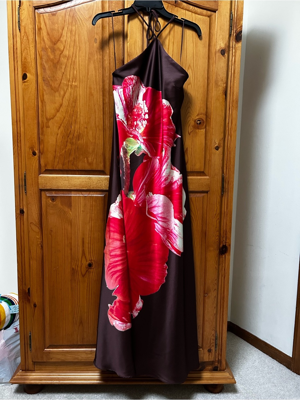 Steve Madden Brown Halter Maxi Dress with Red Floral Print